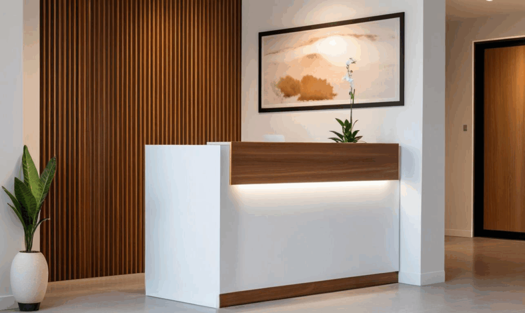 L alakú modern recepciós pult világos faerezett és fehér frontfelülettel.