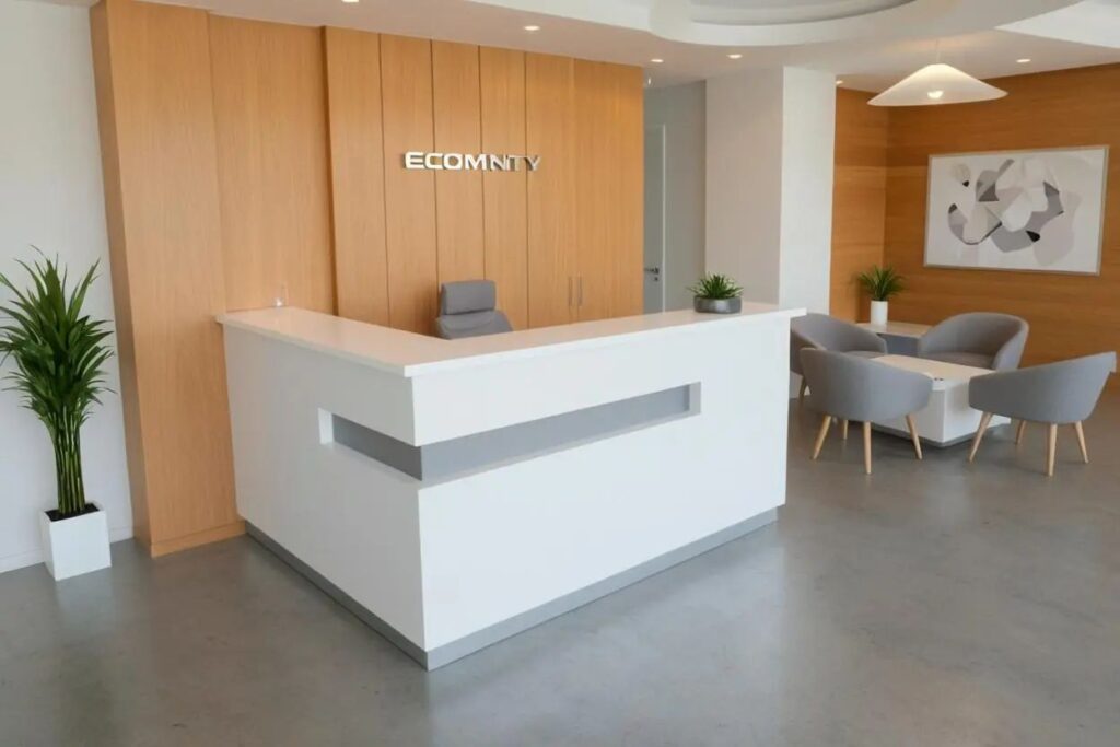 L alakú recepciós pult 2 féle színnel kombinálva