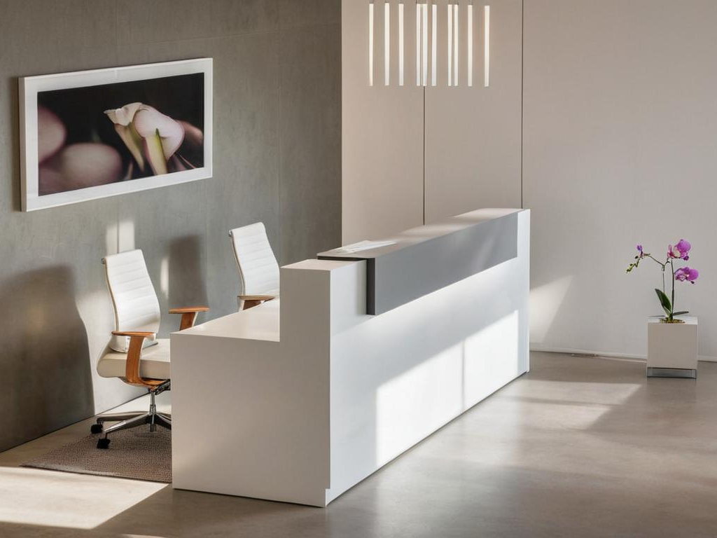 Modern 2 fős recepciós pult fehér színben, galambszürke díszítéssel.