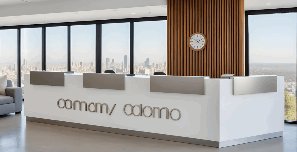 U alakú modern recepciós pult fehér színben, fa dekor háttérrel és tágas kialakítással.